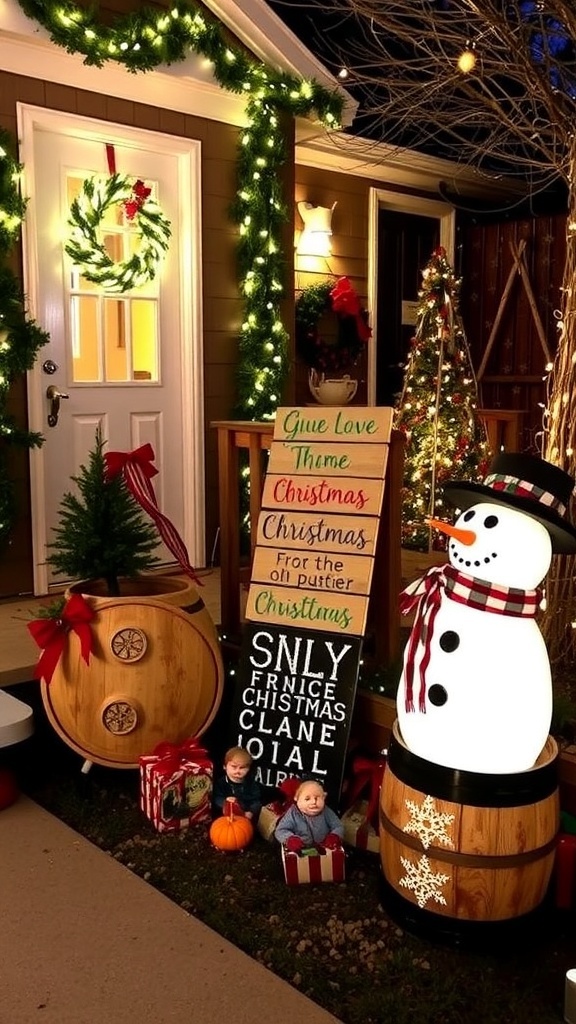 Outdoor Christmas decorations including wreaths, painted signs, and a snowman in a festive yard.